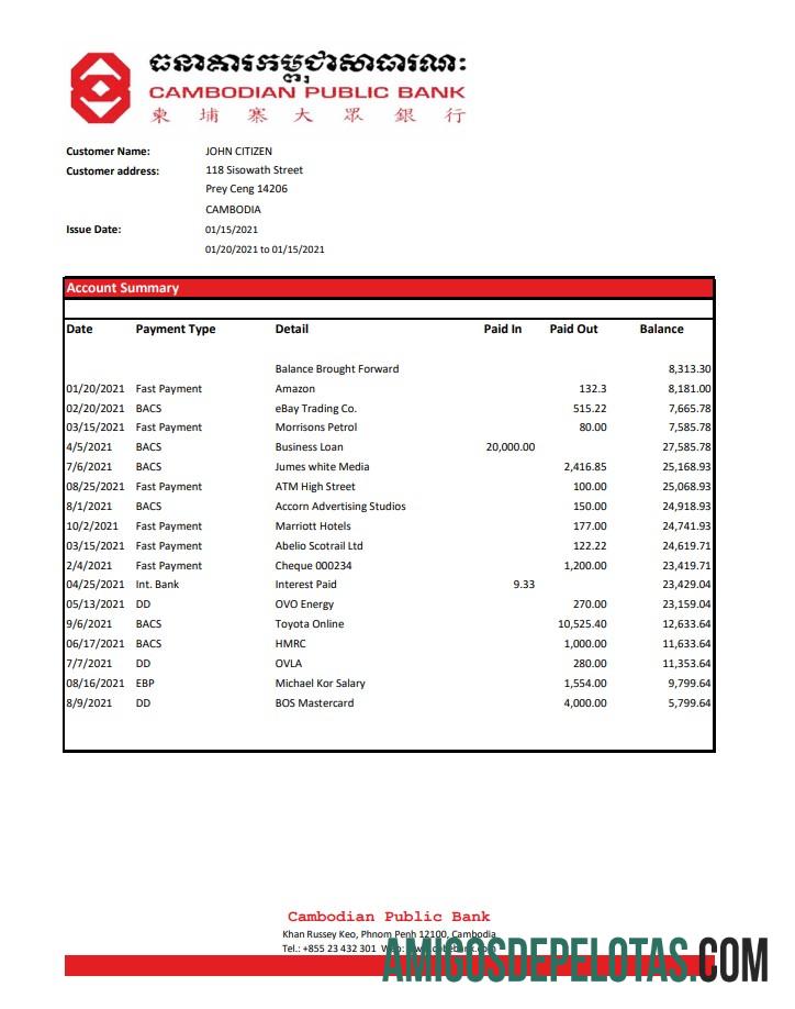 Extrato bancário público cambojano realista do Camboja Modelo fácil de preencher em formato Excel e PDF